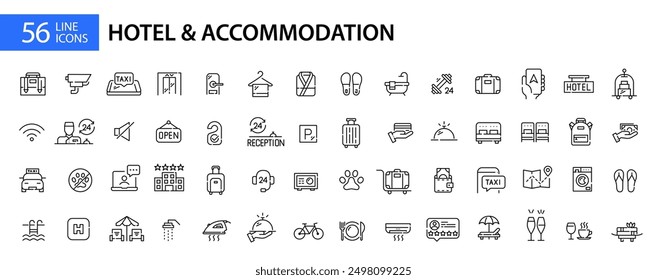 56 hotel and accommodation icons. Travel lodgings. Pixel perfect, editable stroke