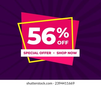 56% off, fifty six percent, special offer, shop now. Background Label. Purple and pink. Discount special offer. Banner with offer emblem. Modern concept design. Vector illustration.