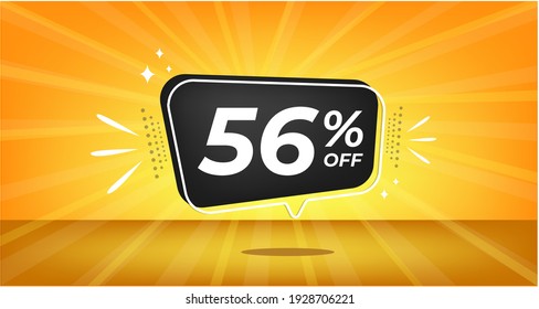 56% off. Yellow banner with fifty-six percent discount on a black balloon for mega big sales.