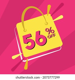 56 percent discount. Pink banner with floating bag for promotions and offers