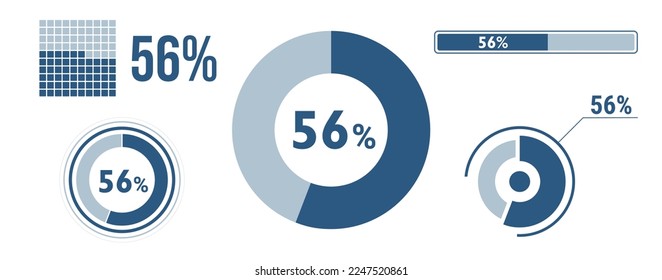 56 percent loading data icon set. Fifty-six circle diagram, pie donut chart, progress bar. 56% percentage infographic. Vector concept collection, blue color.