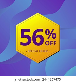 56% Sale and Discount Label. Fifty six percent Sale Discount label Geometric design. Abstract Blue and Yellow Hexagon. Vector illustration.