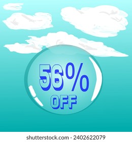 56 % transparente Seifenblase in blauem Himmel für Rabatt und Promotion, Blau-Weiß-Farben