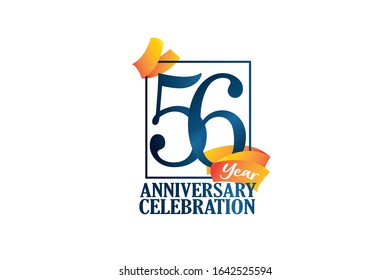 56 Year Anniversary Blue Color with Block Frame and Orange-Yellow Ribbon for ads, greeting card, banner - Vector