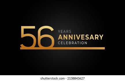 56 Year Anniversary Celebration Logotype with Single Line Golden and Silver Color for Celebration Event, Wedding, Greeting card, and Invitation Isolated on Black Background
