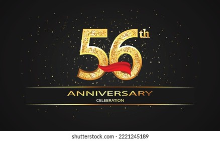 56 Year Anniversary celebration Vector Design with red ribbon and glitter. 56th Anniversary celebration. Gold Luxury Banner of 56th Anniversary. celebration card
