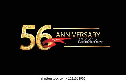 56 Year Anniversary celebration Vector Design. 56th Anniversary celebration. Gold Luxury Banner of 56th Anniversary celebration with red ribbon and glitter. Background celebration. Vector anniversary