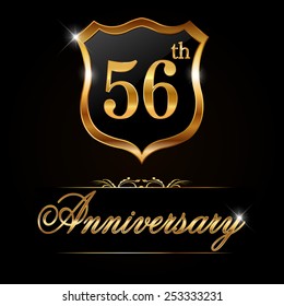 56 year anniversary golden label, 56th anniversary decorative golden emblem - vector illustration 