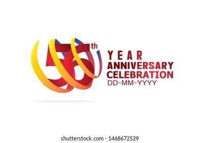 56 Year Anniversary, Red Color Text and Yellow-Orange-Blue Ribbon. Isolated graphic anniversary for banner, greeting card - vector