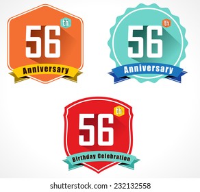 56 year birthday celebration flat color vintage label badge, 56th anniversary decorative emblem - vector illustration eps10