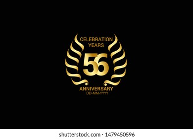 56 year minimalist logo years, jubilee, greeting card. Birthday invitation. Sign wings Line Gold space vector illustration on black background - Vector