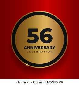 56 years anniversary celebration background. Celebrating 56th anniversary event party poster template. Vector golden circle with numbers and text on red square background. Vector illustration