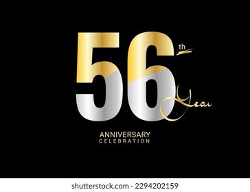 56 Years Anniversary Celebration gold and silver Vector Template, 56 number logo design, 56th Birthday Logo,  logotype Anniversary, Vector Anniversary For Celebration, poster, Invitation Card