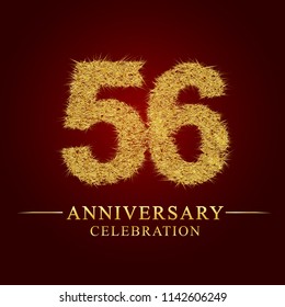 56 years anniversary celebration logotype. Logo gold pile of dry rice on red background. Number nest and fuzz gold foil.