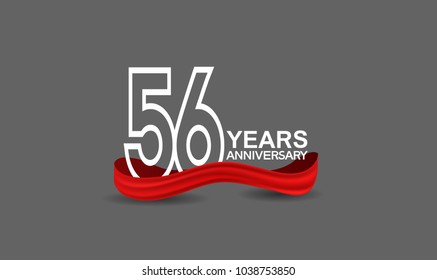 56 years anniversary line style white color with red color ribbon isolated on dark grey background