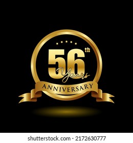 56 years anniversary logo with golden ring and ribbon for booklet, leaflet, magazine, brochure poster, banner, web, invitation or greeting card. Vector illustrations.