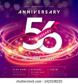 56 years anniversary logo template on purple Abstract futuristic space background. 56th modern technology design celebrating numbers with Hi-tech network digital technology concept design elements.