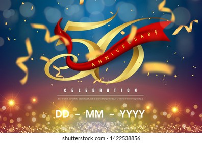 56 years anniversary logo template on gold and blue background. 56th celebrating golden numbers with red ribbon vector and confetti isolated design elements