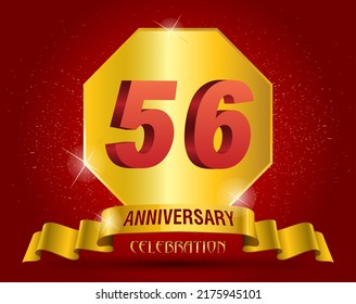  56 years anniversary logo template. Red numbers with golden ribbon.