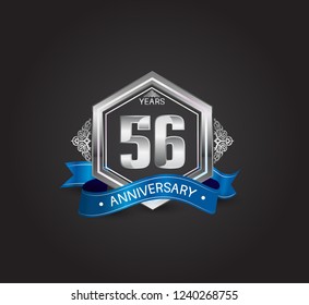 56 years anniversary logotype design with blue ribbon, silver hexagon, and ornament isolated on dark background. Vector template for celebration company event, greeting card, and invitation card