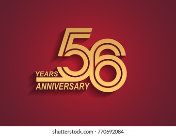 56 years anniversary logotype with linked number golden color isolated on red background for celebration event