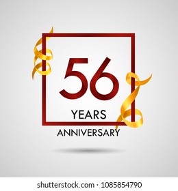 56 years anniversary with red number design inside red square and golden ribbon element, isolated on white background can be used as celebration card