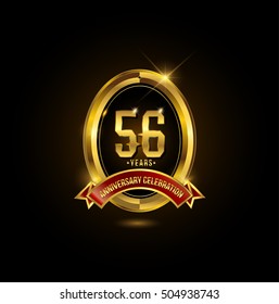 56 years golden anniversary logo with red ribbon and oval ring