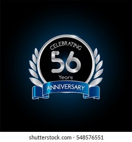 56 years silver anniversary celebration logo with blue ribbon , isolated on dark background