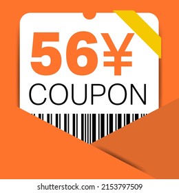 56 Yen Coupon promotion sale for a website, internet ads, social media gift 56 Yuan off discount voucher. Big sale and super sale coupon discount. Price Tag Mega Coupon discount vector illustration.