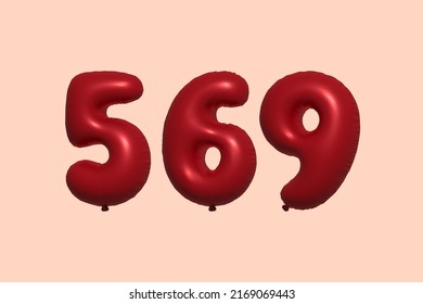 569 3d number balloon made of realistic metallic air balloon 3d rendering. 3D Red helium balloons for sale decoration Party Birthday, Celebrate anniversary, Wedding Holiday. Vector illustration