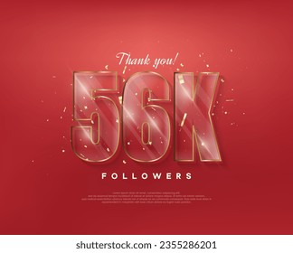 56k followers celebration. with glass figures on a red background.