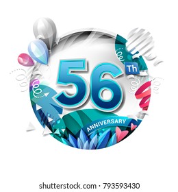 56th anniversary background with balloon and confetti on white. 3D paper style illustration. Poster or brochure template. Vector illustration.