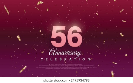 Celebración del 56 aniversario, celebración del 56 aniversario, fondo púrpura oscuro, ilustración festiva, signo 3d realista, estrellas, número rosa con cinta roja 56 confeti brillante, 56,57
