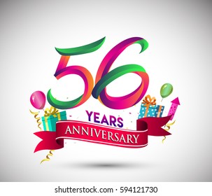 56th Anniversary Celebration Design, with gift box and balloons, Red ribbon, Colorful Vector template elements for your, fifty six years birthday celebration party.