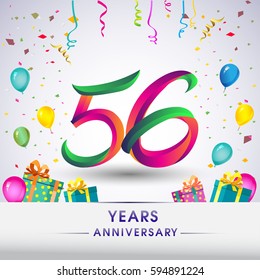 56th Anniversary Celebration Design, with gift box, balloons and confetti, Colorful Vector template elements for your, fifty six years birthday celebration party.