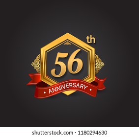 56th anniversary design logotype style with golden hexagon, ornament and red ribbon for use in celebration event.