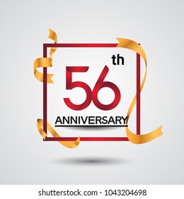 56th anniversary design with red color in square and golden ribbon isolated on white background for celebration