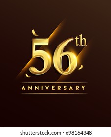 56th anniversary glowing logotype with confetti golden colored isolated on dark background, vector design for greeting card and invitation card.
