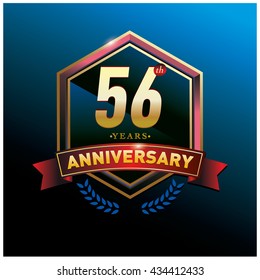 56th anniversary logo with gold ring and red ribbon. Anniversary signs illustration. Gold anniversary logo design and illustration