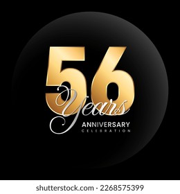 56th Anniversary logo. Golden number with silver color text. Logo Vector Template Illustration