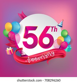 56th Anniversary logo with ribbon, balloon, and gift box isolated on circle object and colorful background