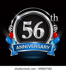56th anniversary logo with silver ring,balloons and blue ribbon. Vector design template elements for your birthday celebration.