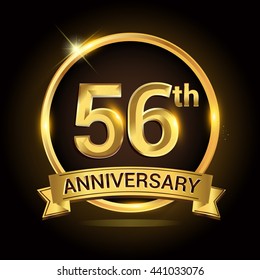 56th golden anniversary logo, with shiny ring and ribbon, laurel wreath isolated on black background, vector design