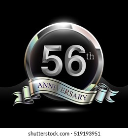 56th silver anniversary logo, vector celebration design with ring and ribbon.