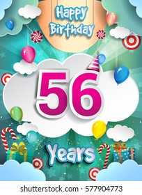 56th Years Birthday Design for greeting cards and poster, with clouds and gift box, balloons. design template for anniversary celebration