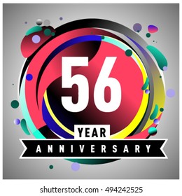 56th years greeting card anniversary with colorful number and frame. logo and icon with circle badge and background