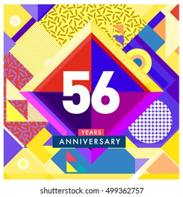 56th years greeting card anniversary with colorful number and frame. logo and icon with Memphis style cover and design template