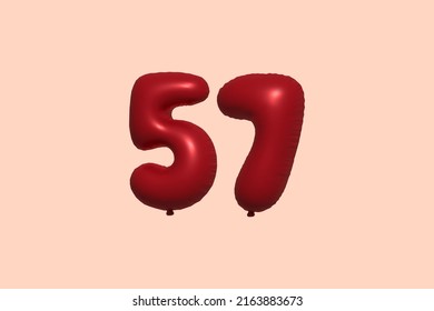 57 3d number balloon made of realistic metallic air balloon 3d rendering. 3D Red helium balloons for sale decoration Party Birthday, Celebrate anniversary, Wedding Holiday. Vector illustration