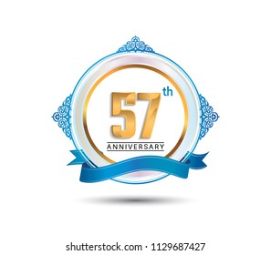 57 anniversary design golden color on circle with blue ornament and ribbon for celebration event 