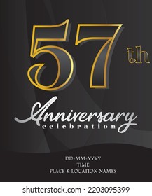 57 Anniversary Invitation and Greeting Card Design, Golden and Silver Coloured, Elegant Design, Isolated on Black Background. Vector illustration.